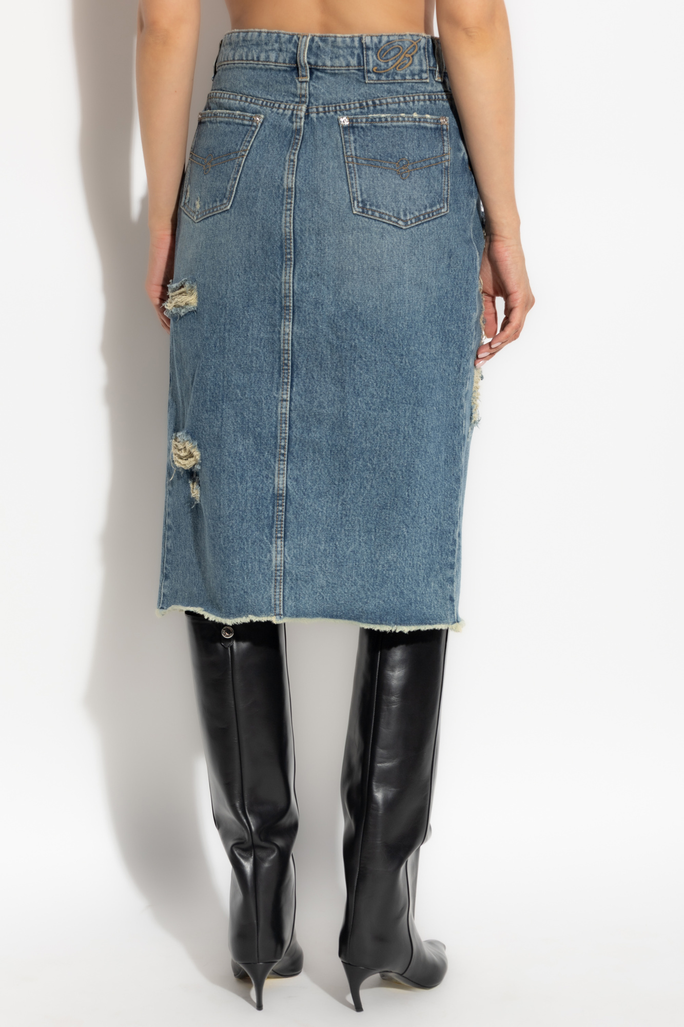 Blumarine Distressed Slit-front Denim Skirt In Blue