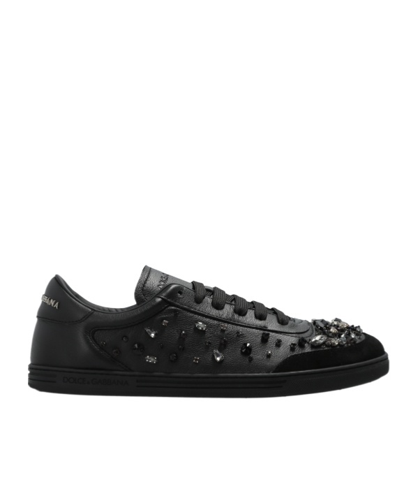 Dolce & Gabbana Saint Tropez Light Embellished Leather Sneakers In Black