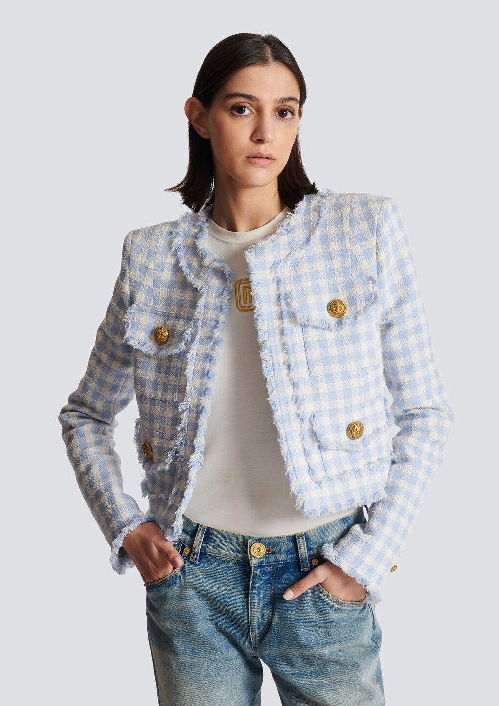 Balmain Blue Plaid Cropped Tweed Jacket In White