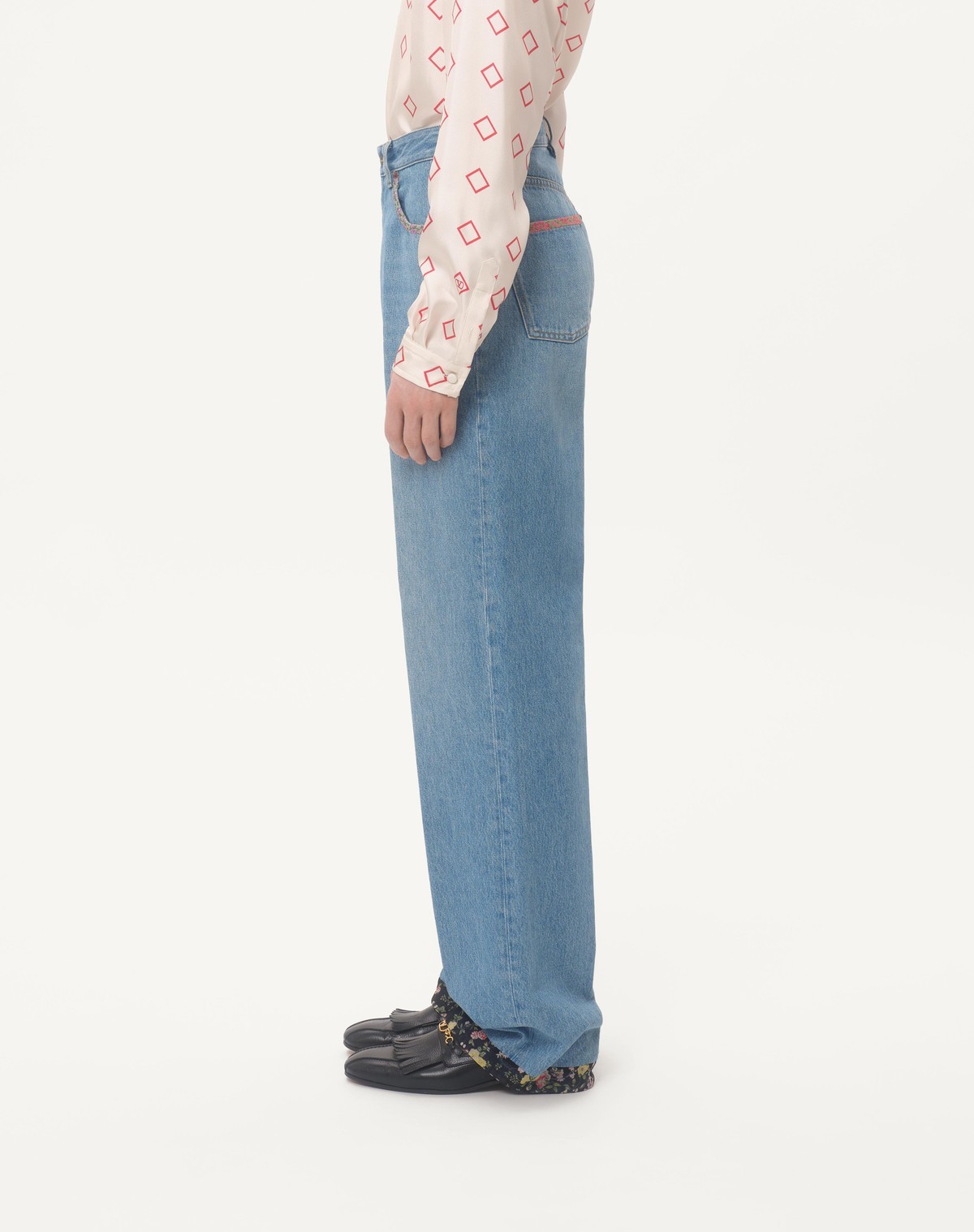 Valentino Denim Trousers With Floral Print Hem In Blue