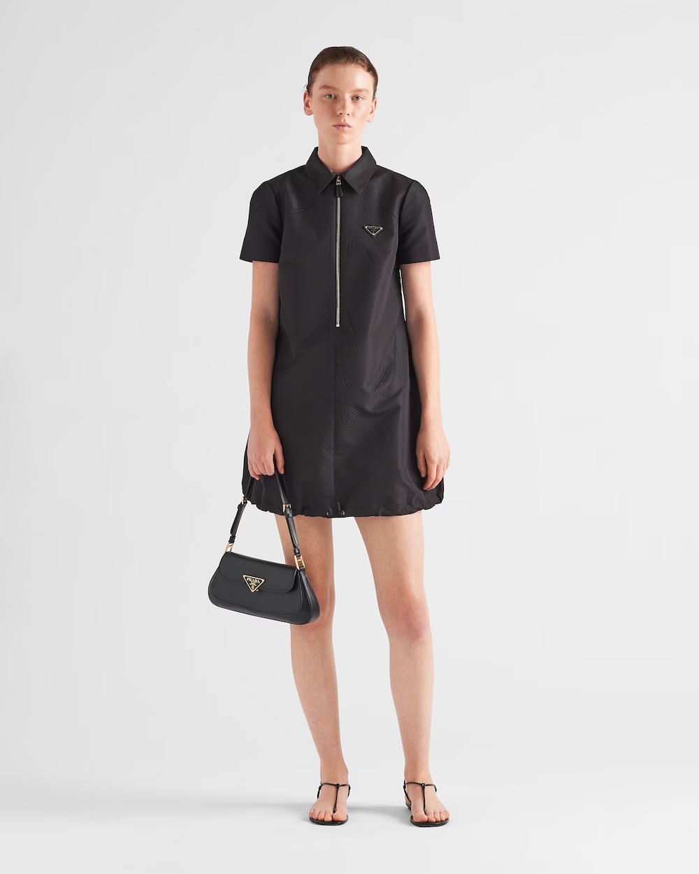 Prada Mini Dress With Drawstring Hemline And A-line Silhouette In Black