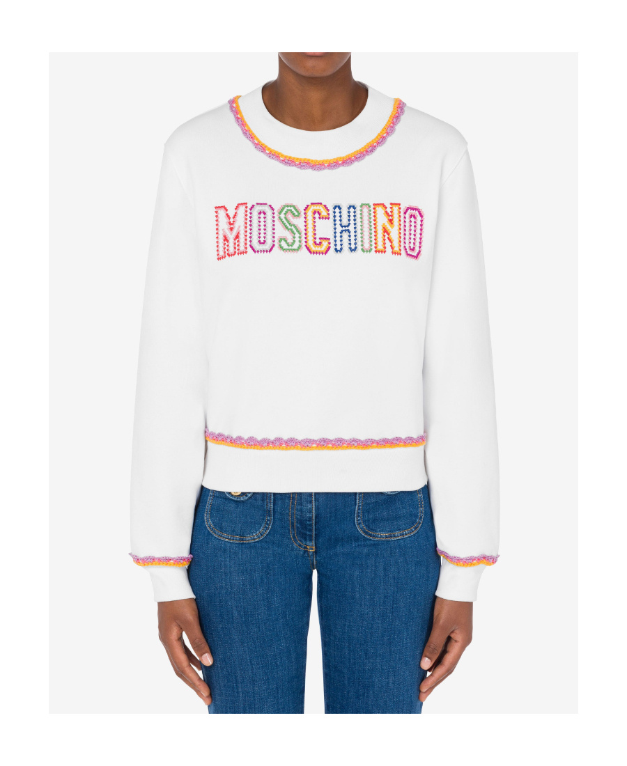 Moschino Crewneck Sweatshirt With Embroidered Logo And Scalloped Trim In White