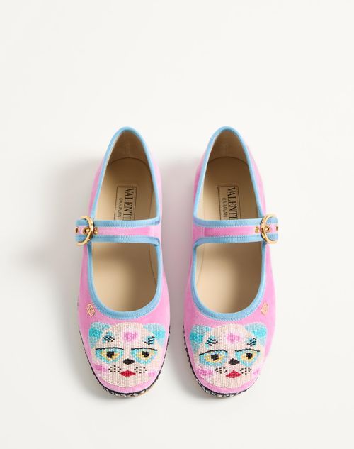 Valentino Garavani Mary-jane Endouce Velvet Ballerina With Le Chat De La Maison Embroidery Woman Pin In Pink