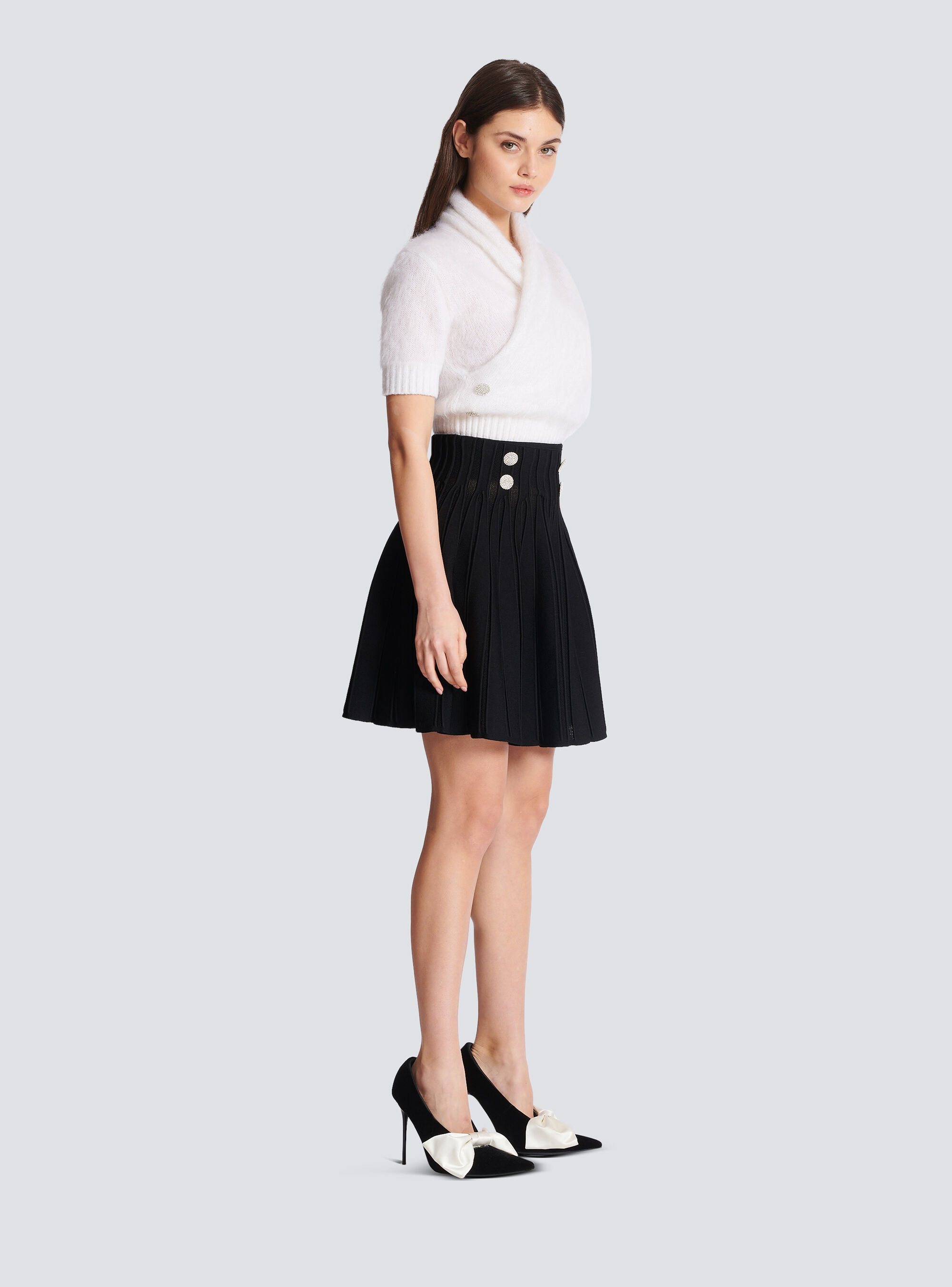 Balmain Double-breasted Rib Knit Flare Mini Skirt In Black