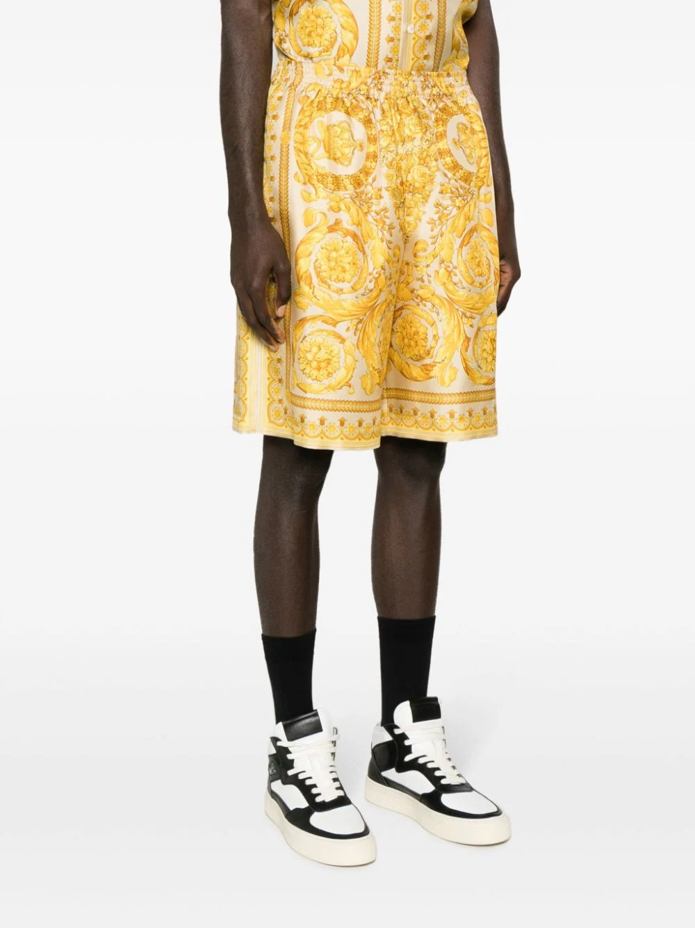Versace Golden Barocco Print Silk Shorts In Yellow