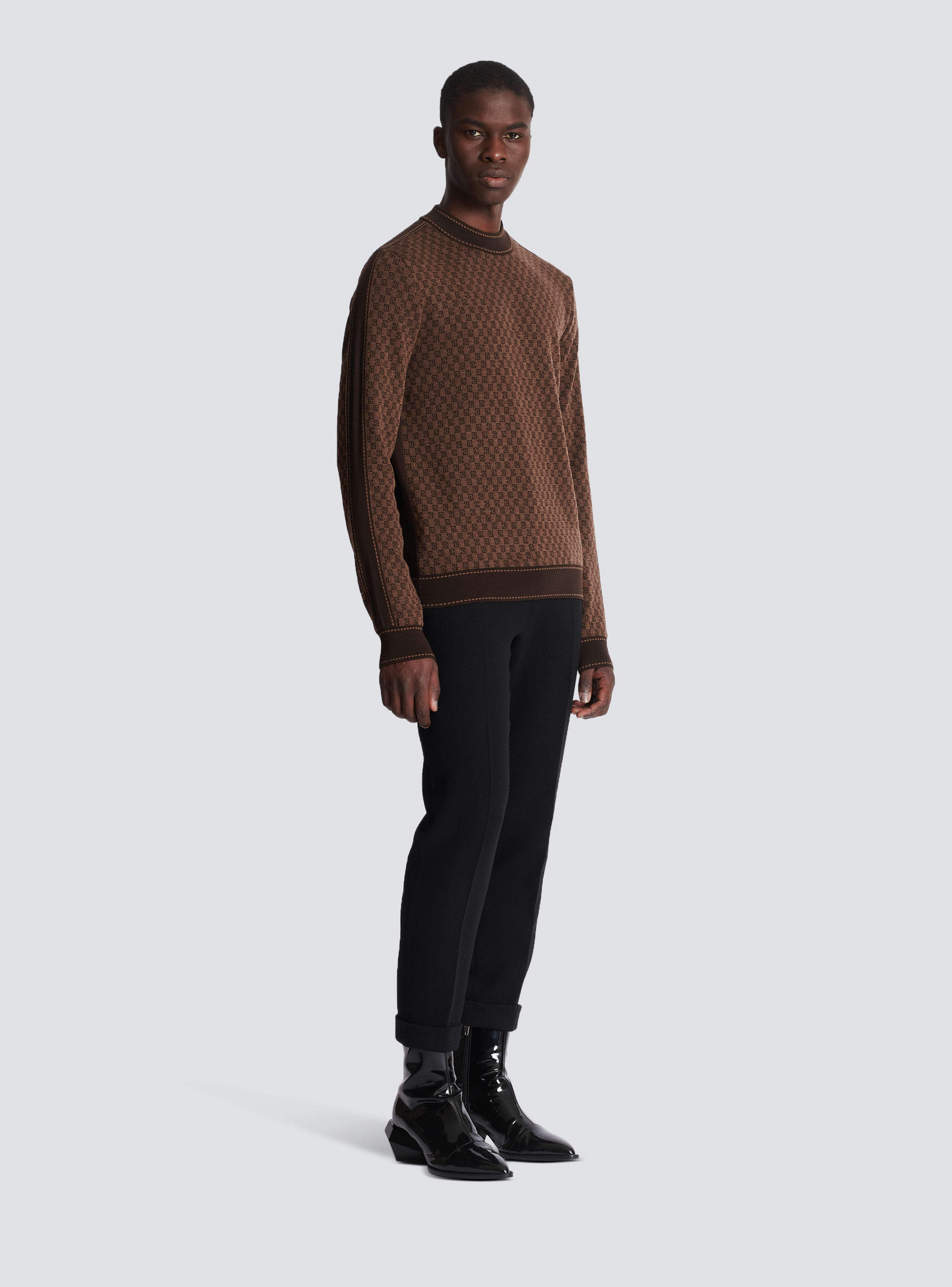 Balmain Mini Letter Pattern Knitted Sweater In Brown
