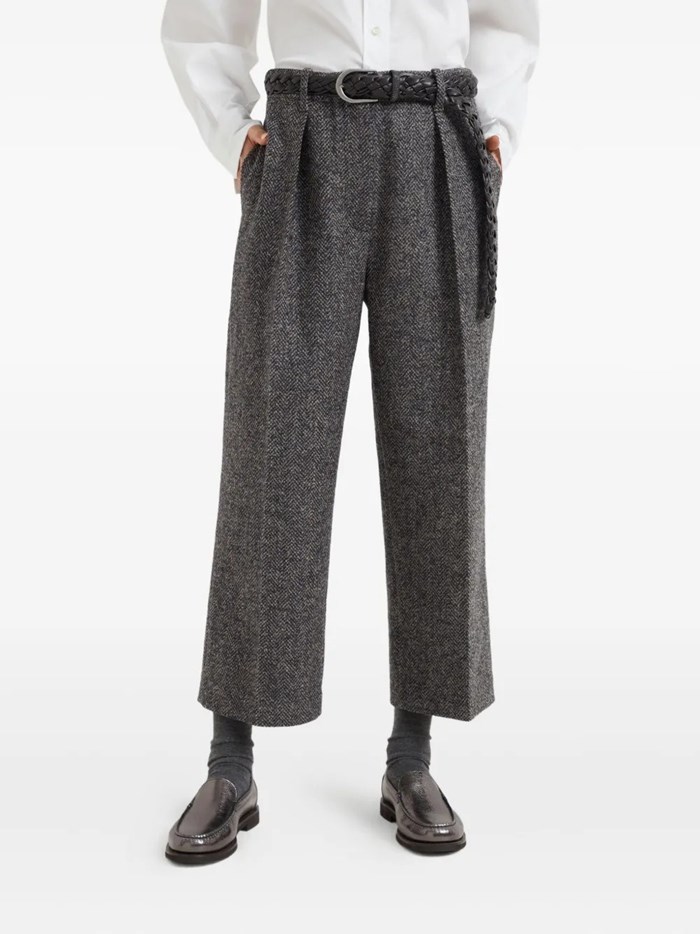 Brunello Cucinelli Herringbone Tweed Pleated Trousers In Gray