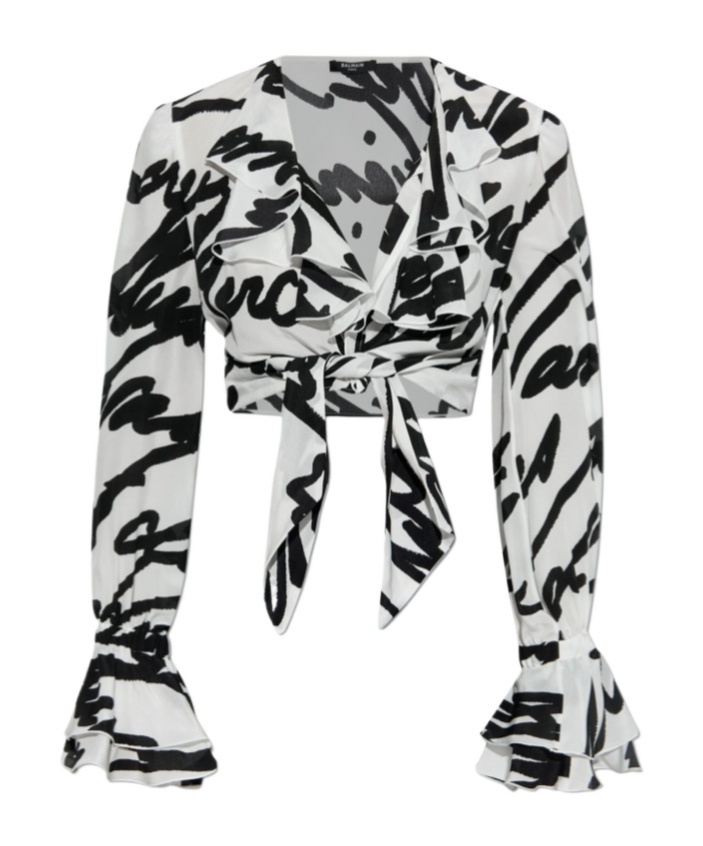 Balmain Love Letter Print Silk Cropped Top In White