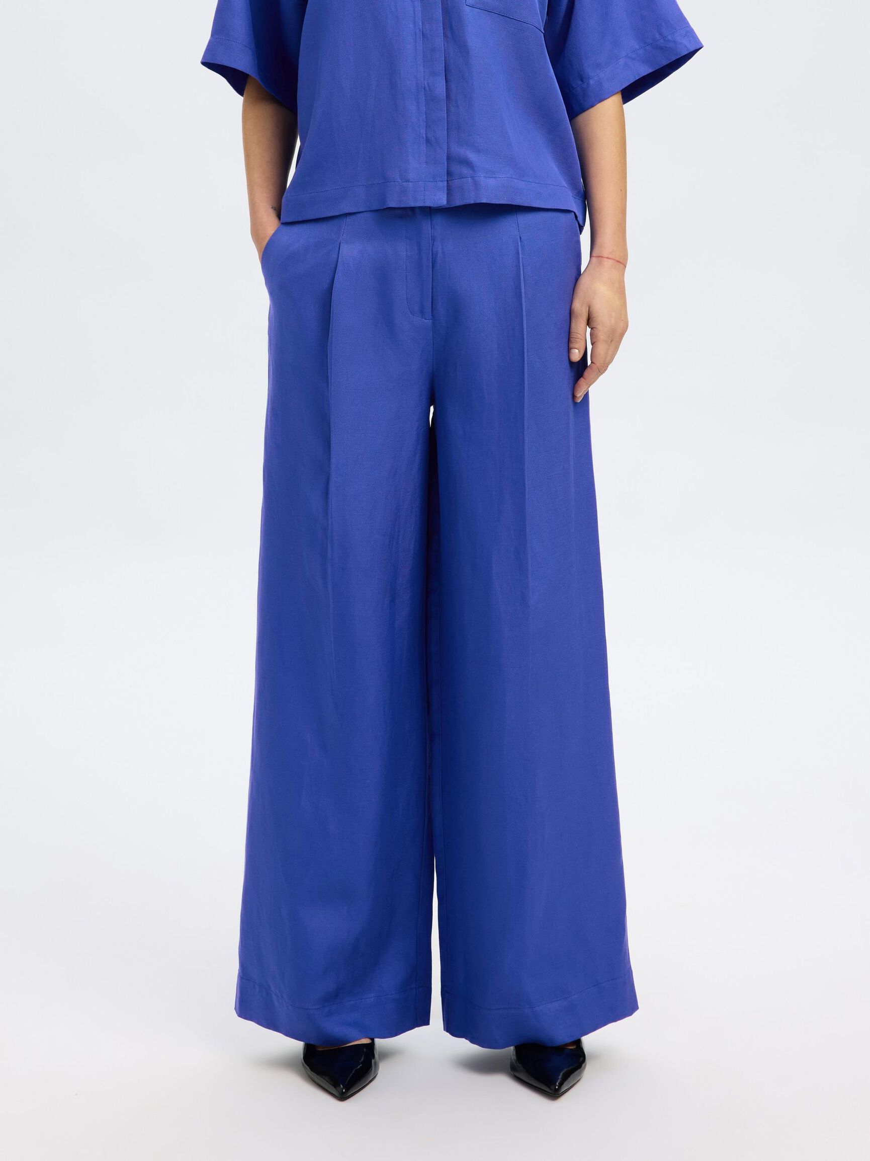Selected High-waisted Wide-leg Casual Pants In Blue