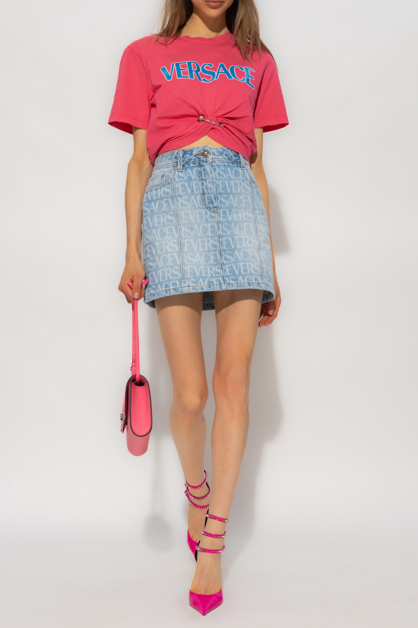 Versace Allover Logo-print Denim Skirt In Blue