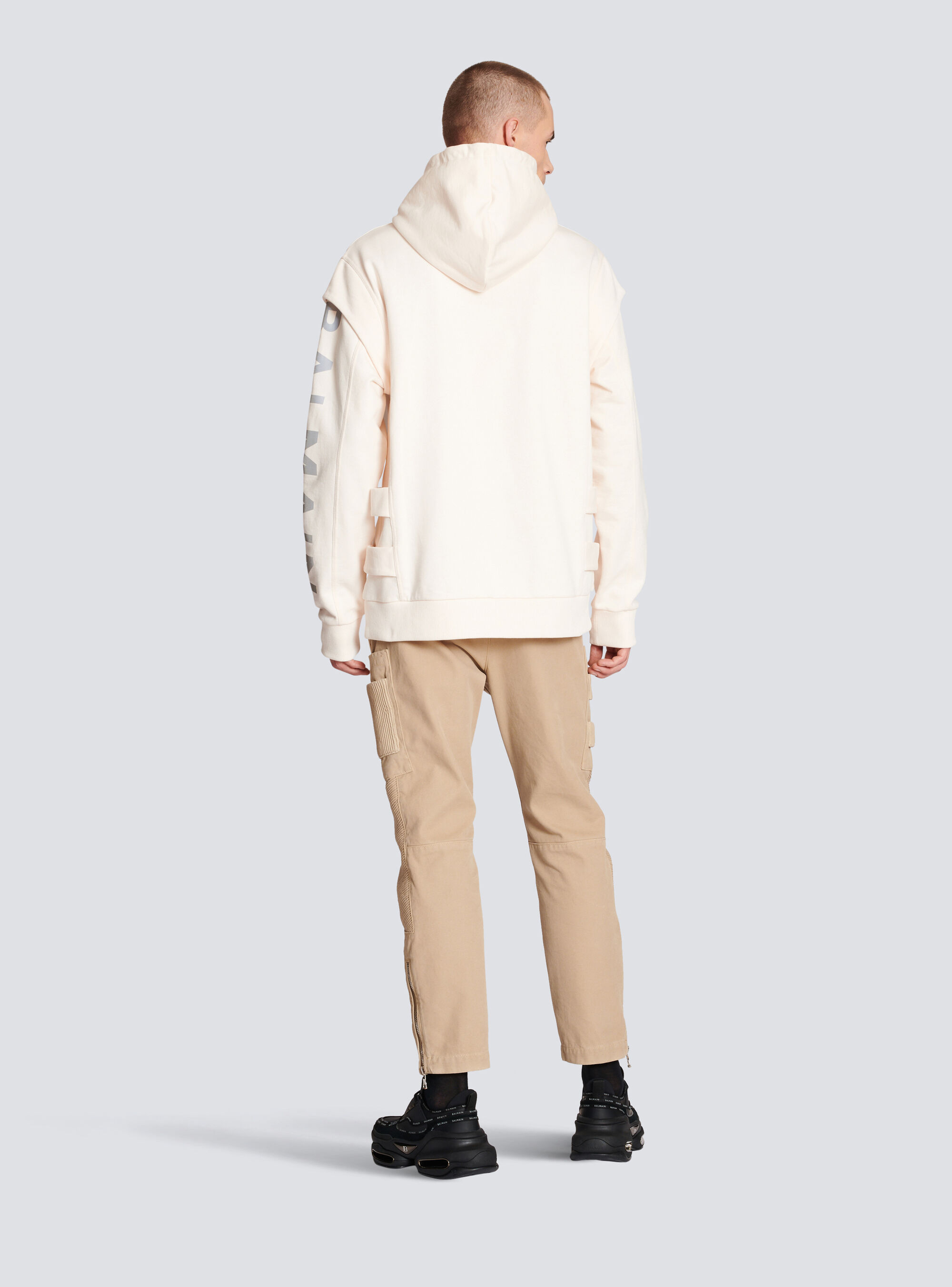 Shop Balmain Cotton Printed Logo Hoodie In White