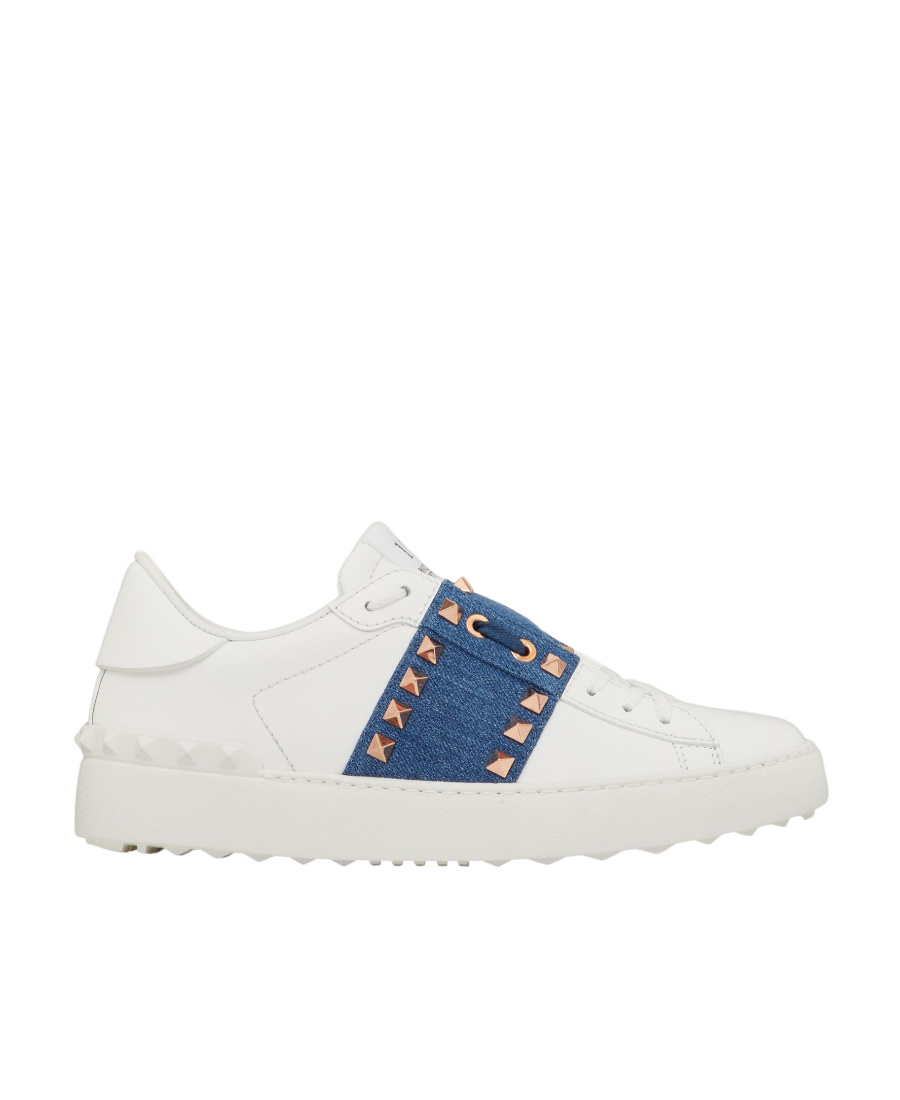 VALENTINO GARAVANI ROCKSTUD UNTITLED TRAINER IN CALFSKIN WITH DENIM BAND