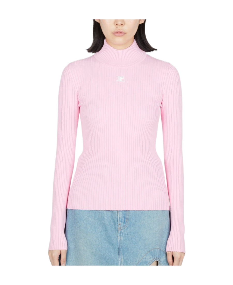 Shop Courrèges Logo-patch Ribbed-knit Jumper In Pink