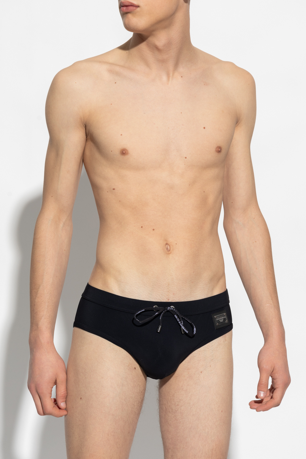 Dolce & Gabbana Black Swim Brief With Metallic Dg Logo In Stretch Polyamide Man In Black