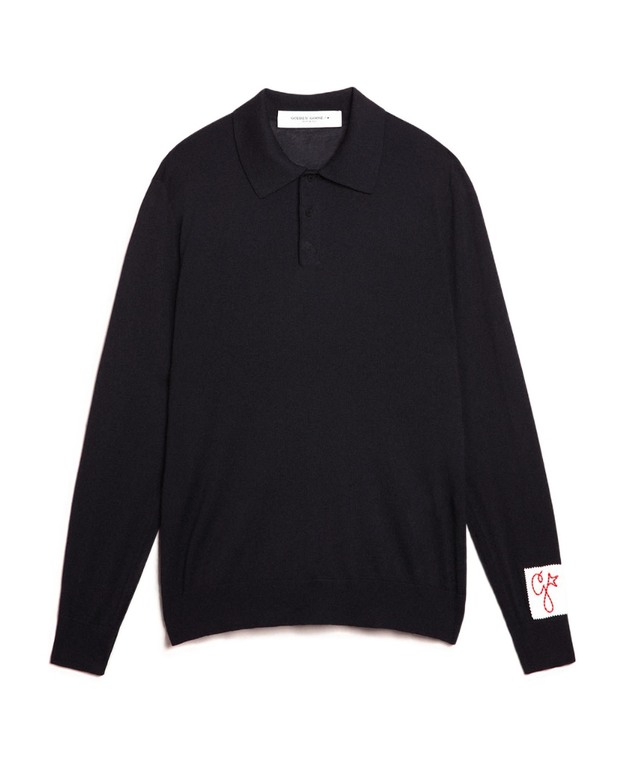Golden Goose Wool Knit Polo Embroidered Detail In Black