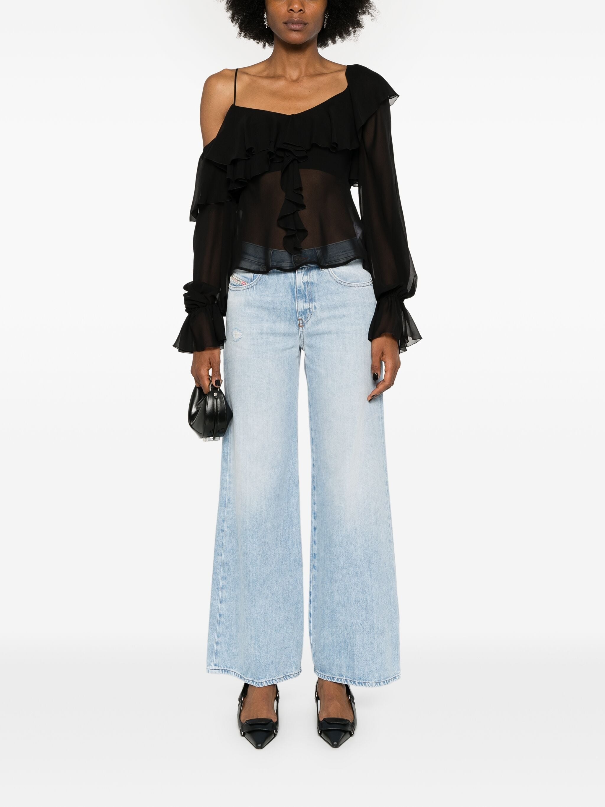 Blumarine Silk Sheer Ruffled Blouse In Black