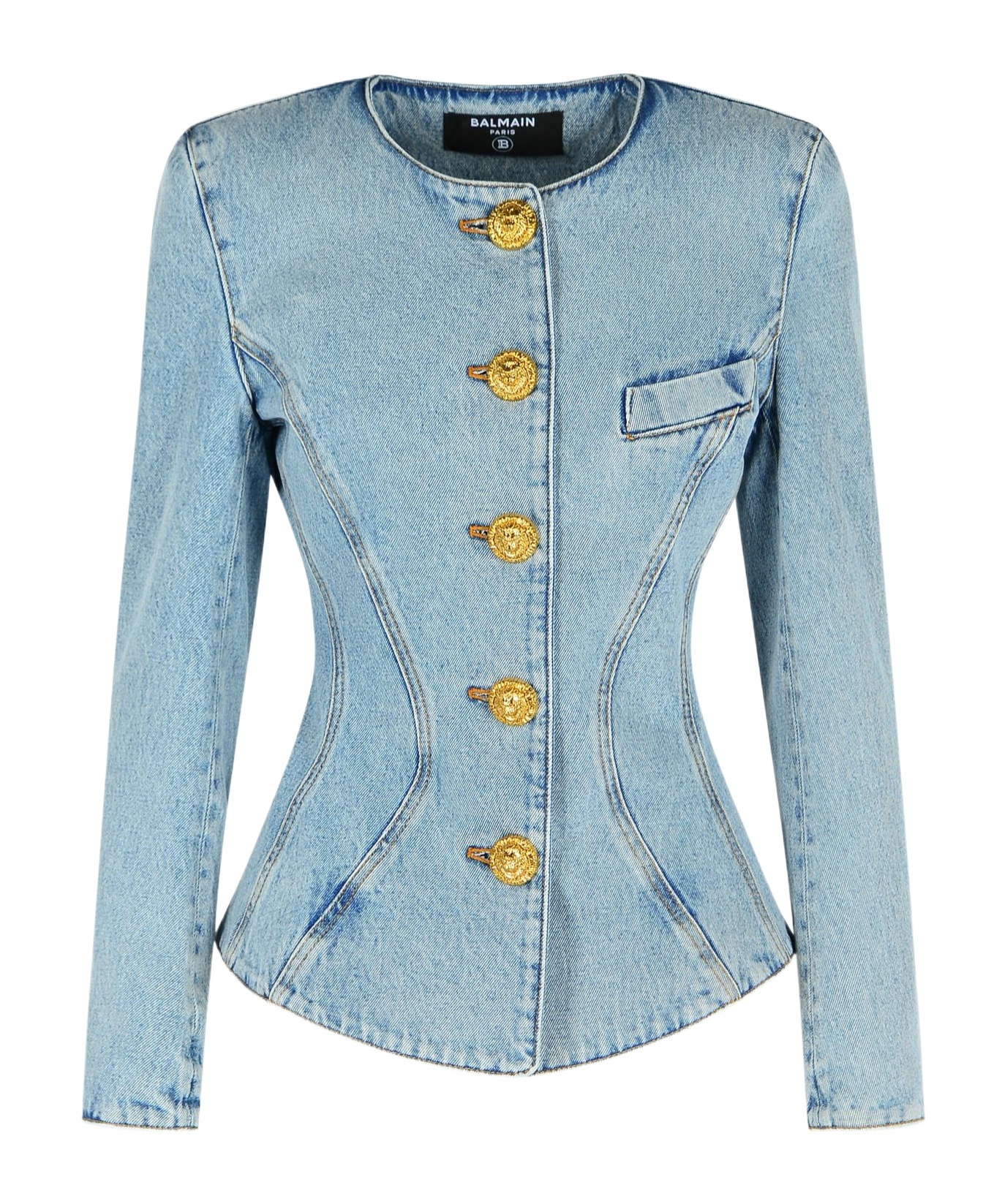 Balmain Padded-shoulder Buttoned Denim Jacket In Blue