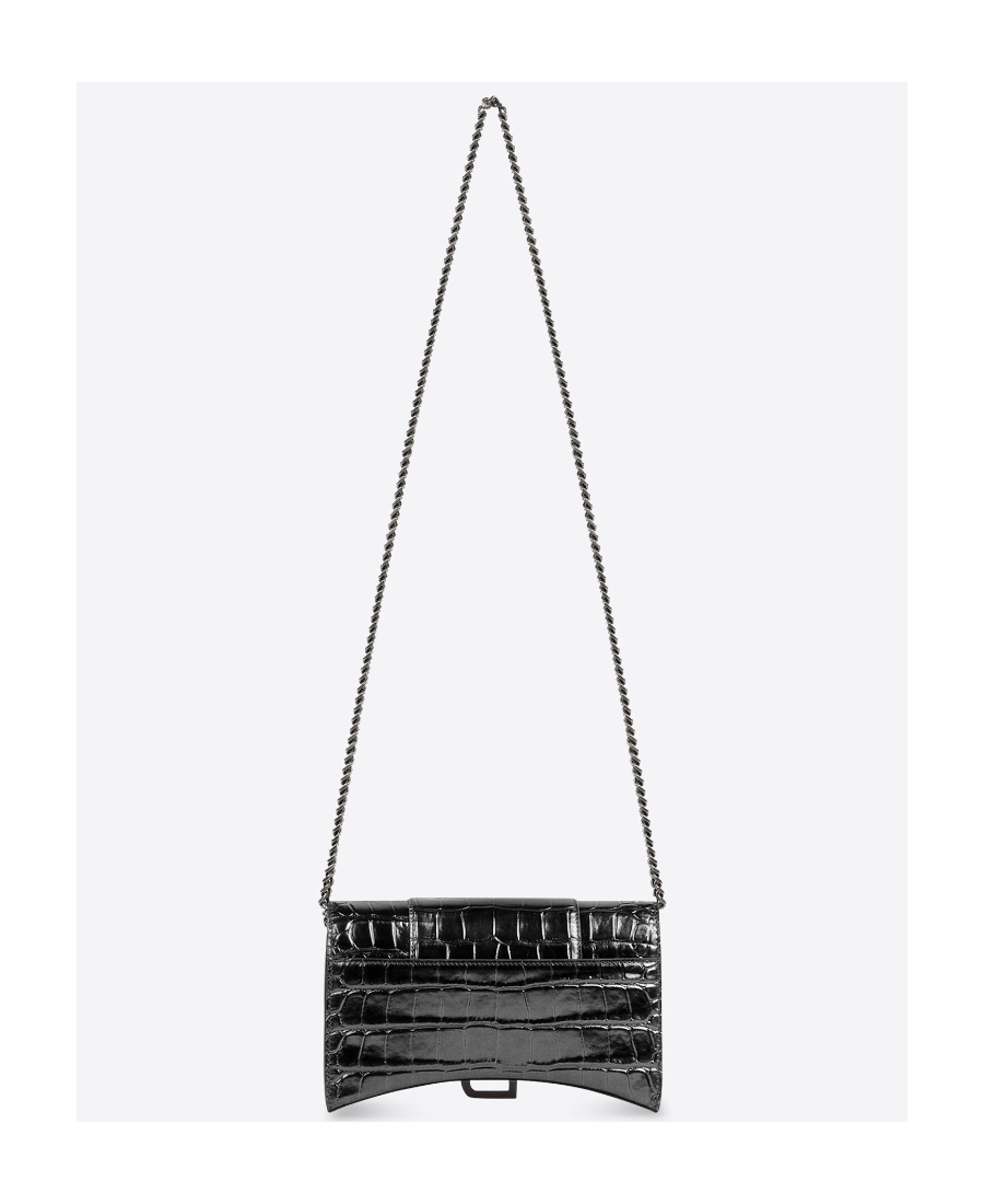 Balenciaga Hourglass Crocodile-effect Chain Wallet In Black