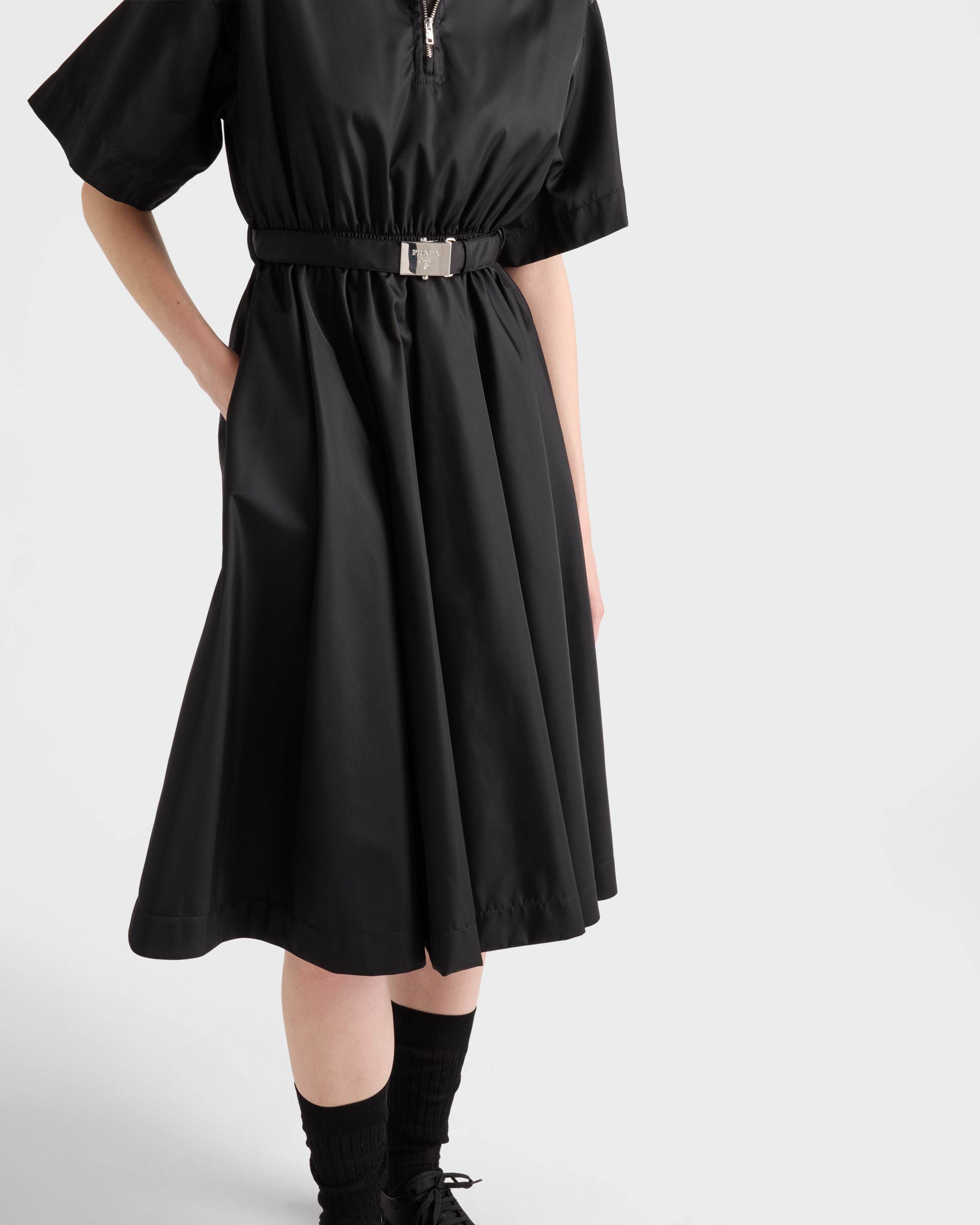 Prada Nylon Dress With Belted Waist And Flared Skirt In Black