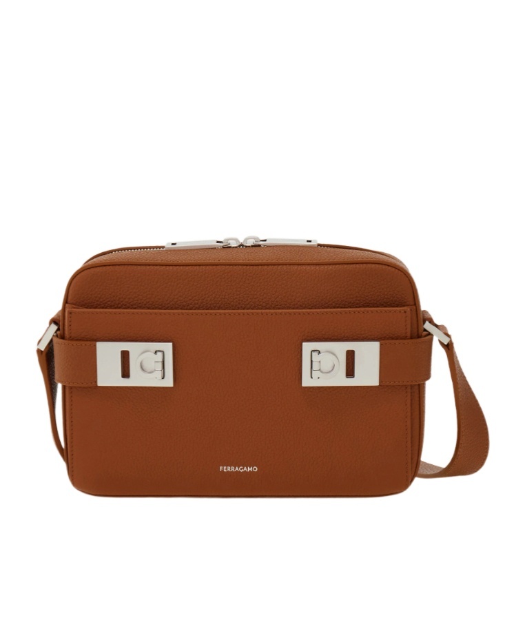 Ferragamo East-west Crossbody Bag With Gancini Buckles In Brown