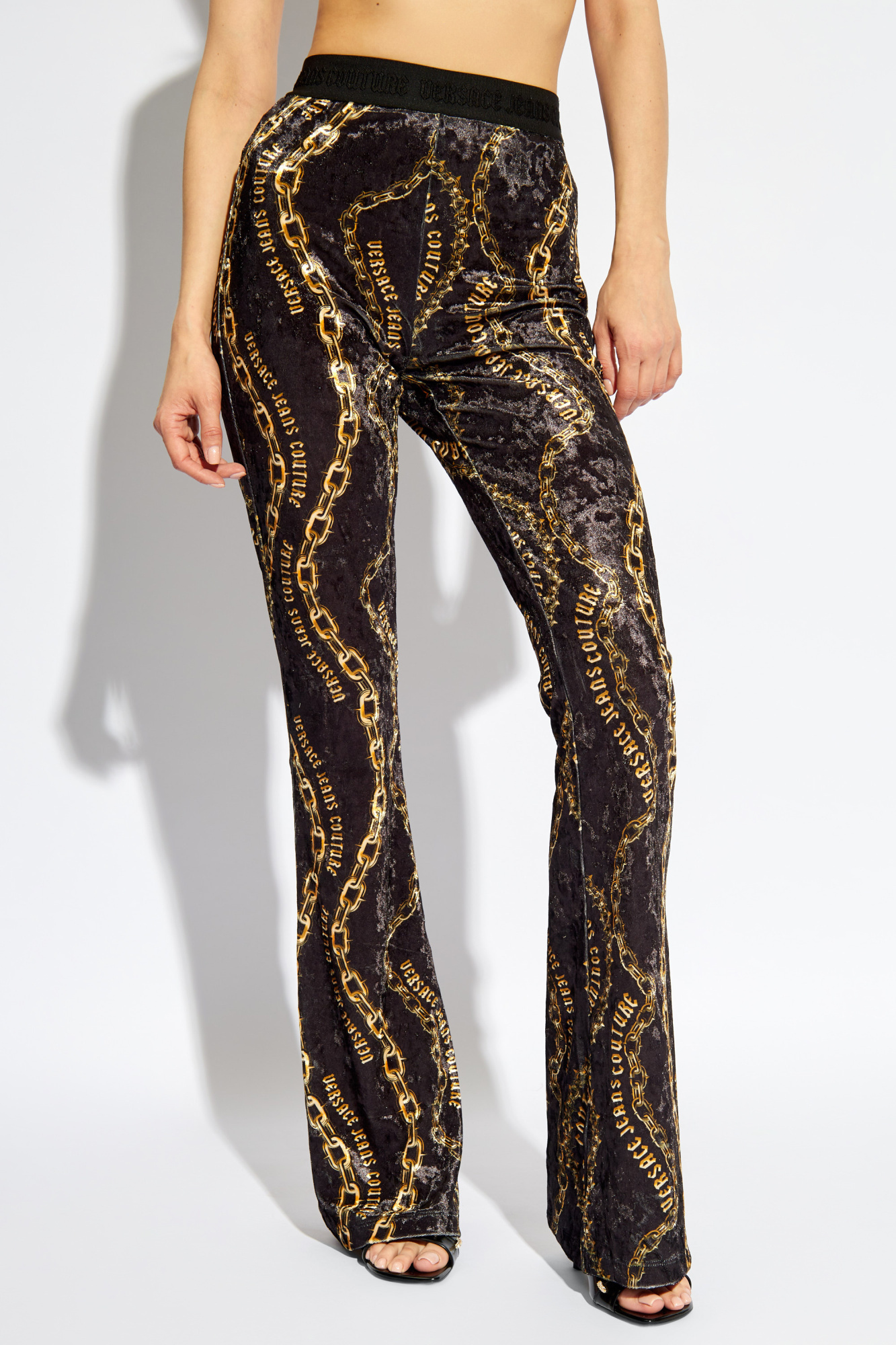 Versace Jeans Chain-print Flared Leggings In Black
