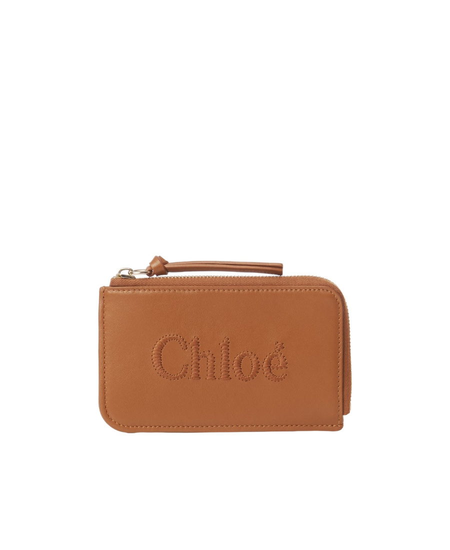 Chloé Leather Embroidered-logo Purse In Brown