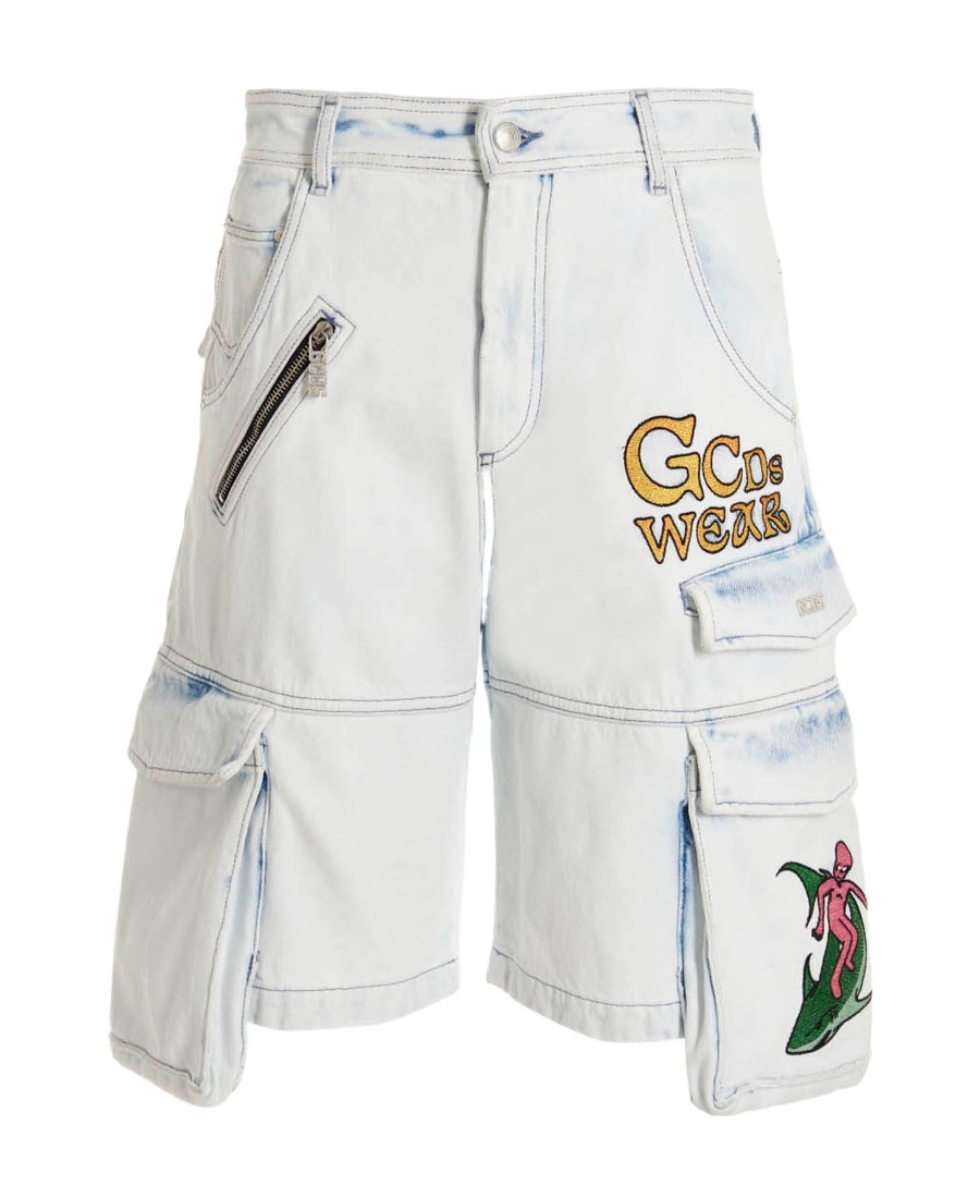 Gcds Light Blue Embroidered Ultracargo Shorts In White