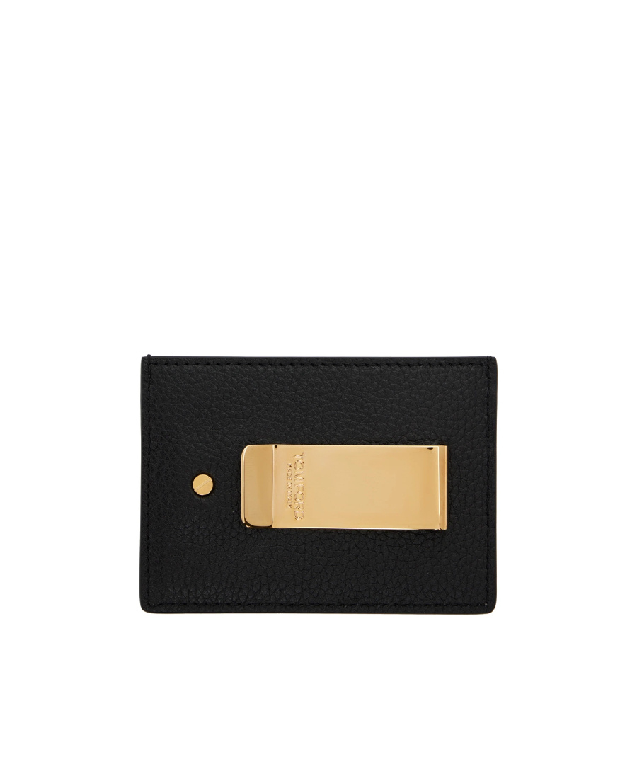 Tom Ford Black T Line Card-holder With Gold-colored Embossed Logo In Grainy Leather Man