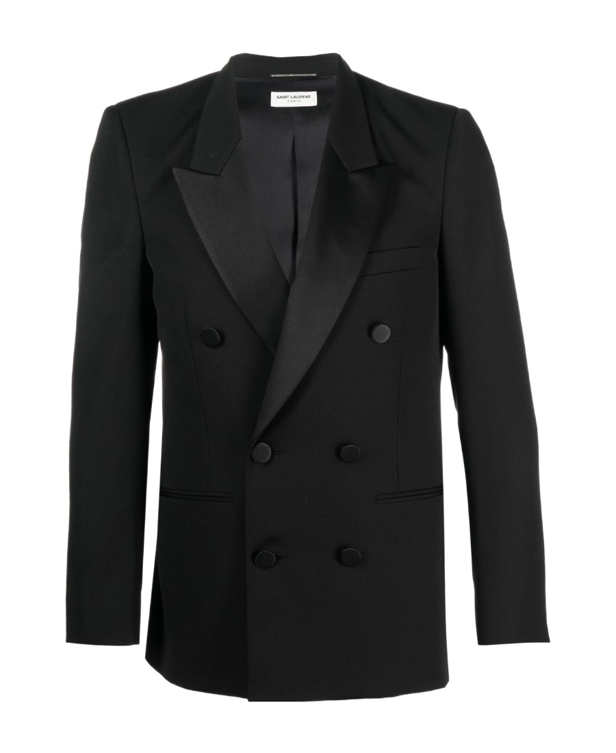 Saint Laurent Double-breasted Satin-trimmed Wool Blazer In Black