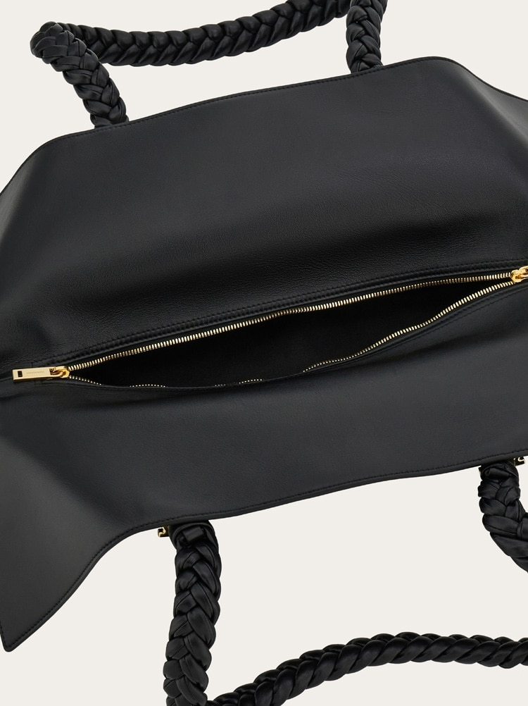 Ferragamo The Scarf Bag Black Shoulder Bag With Braided Handles And Folded Corners In Leather Woman In Black