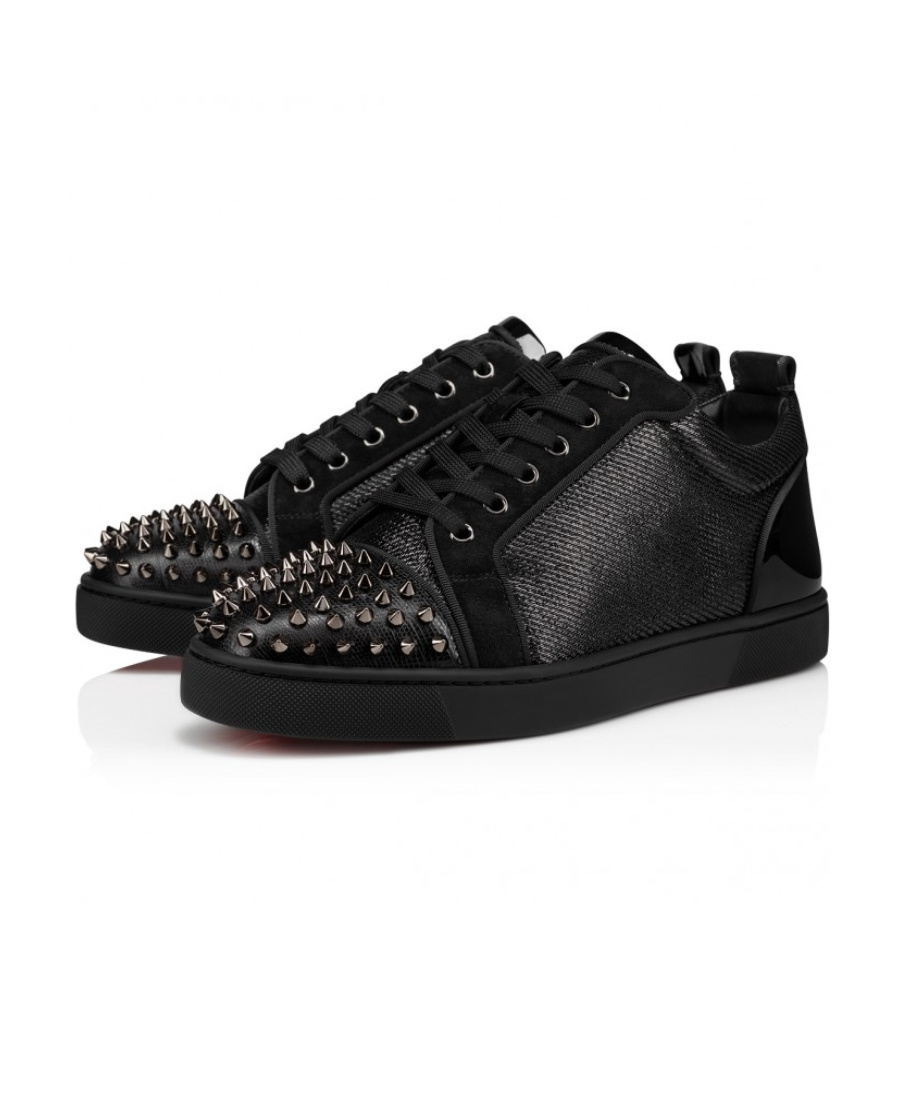 Christian Louboutin Louis Junior Spikes Studded Glittered Velour Sneakers In Black