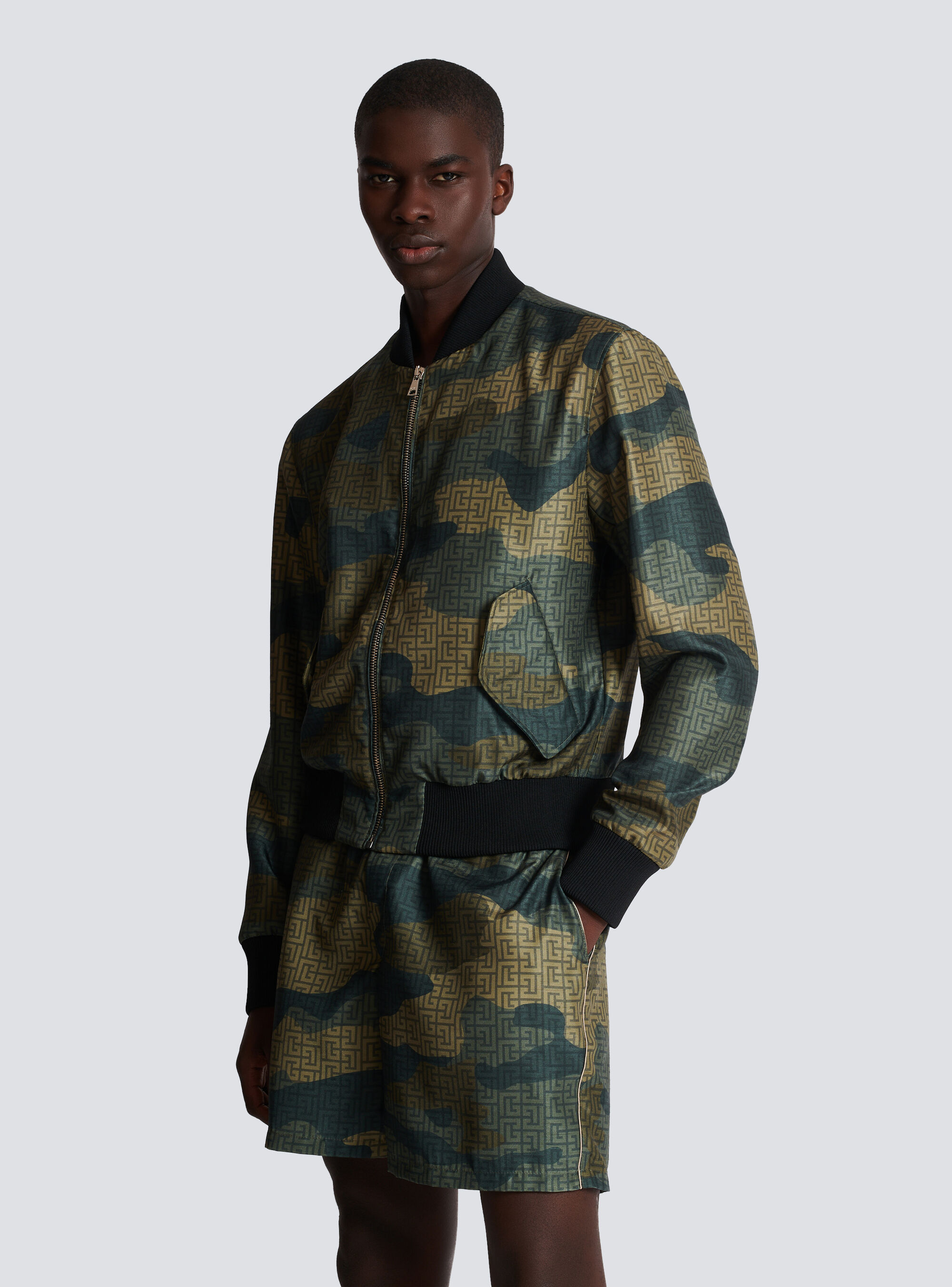 Balmain Monogram Camouflage-print Bomber Jacket In Gray