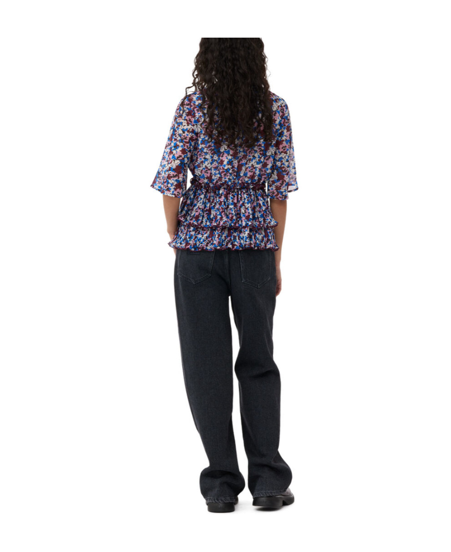 Ganni Pleated Blouse With Floral Motif In Multicolor