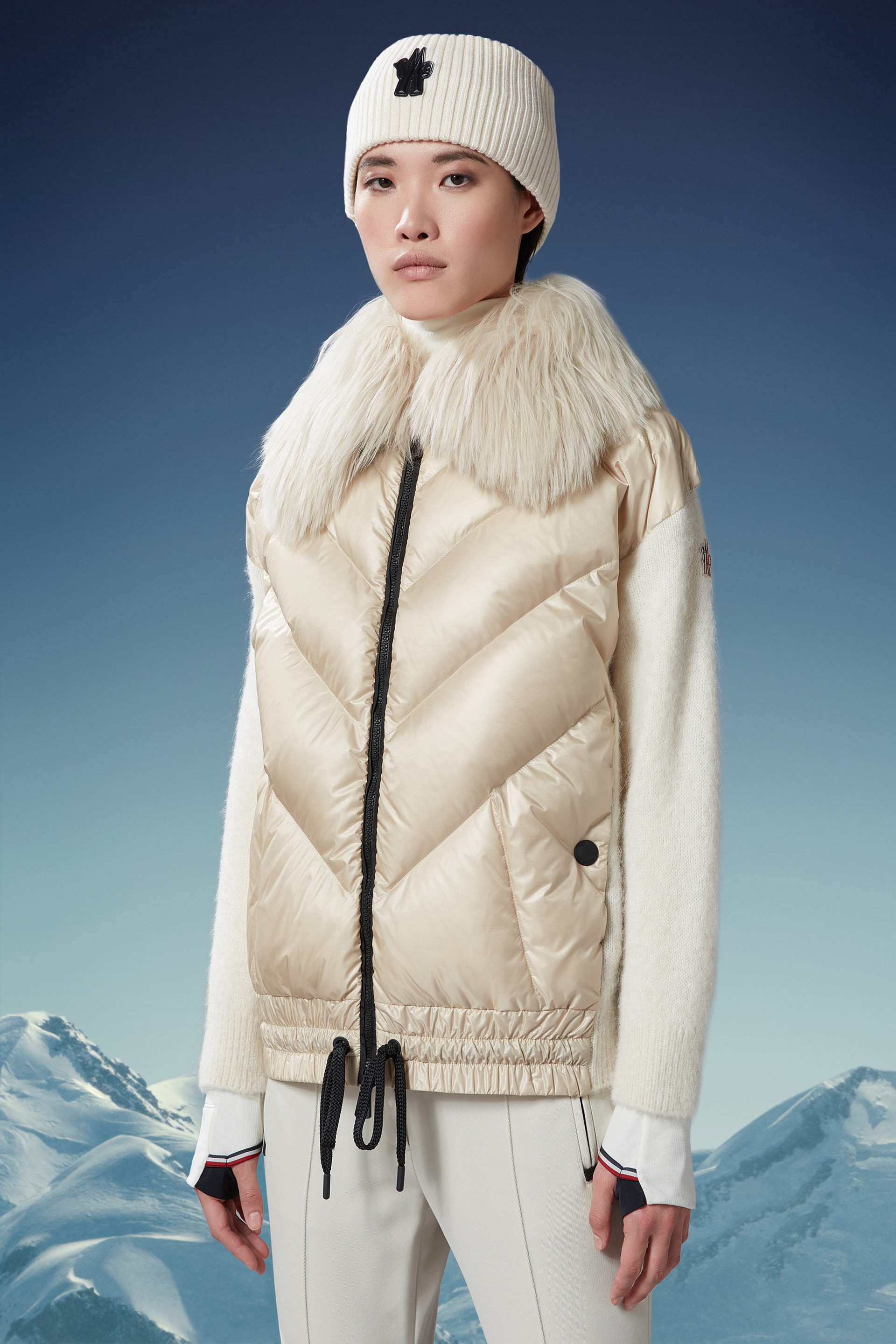 Moncler Panelled Knitted Down Jacket In White