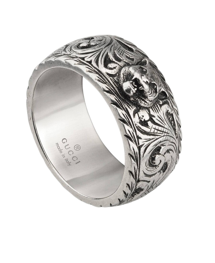 Gucci Thin Silver Ring With Feline Head In Gray