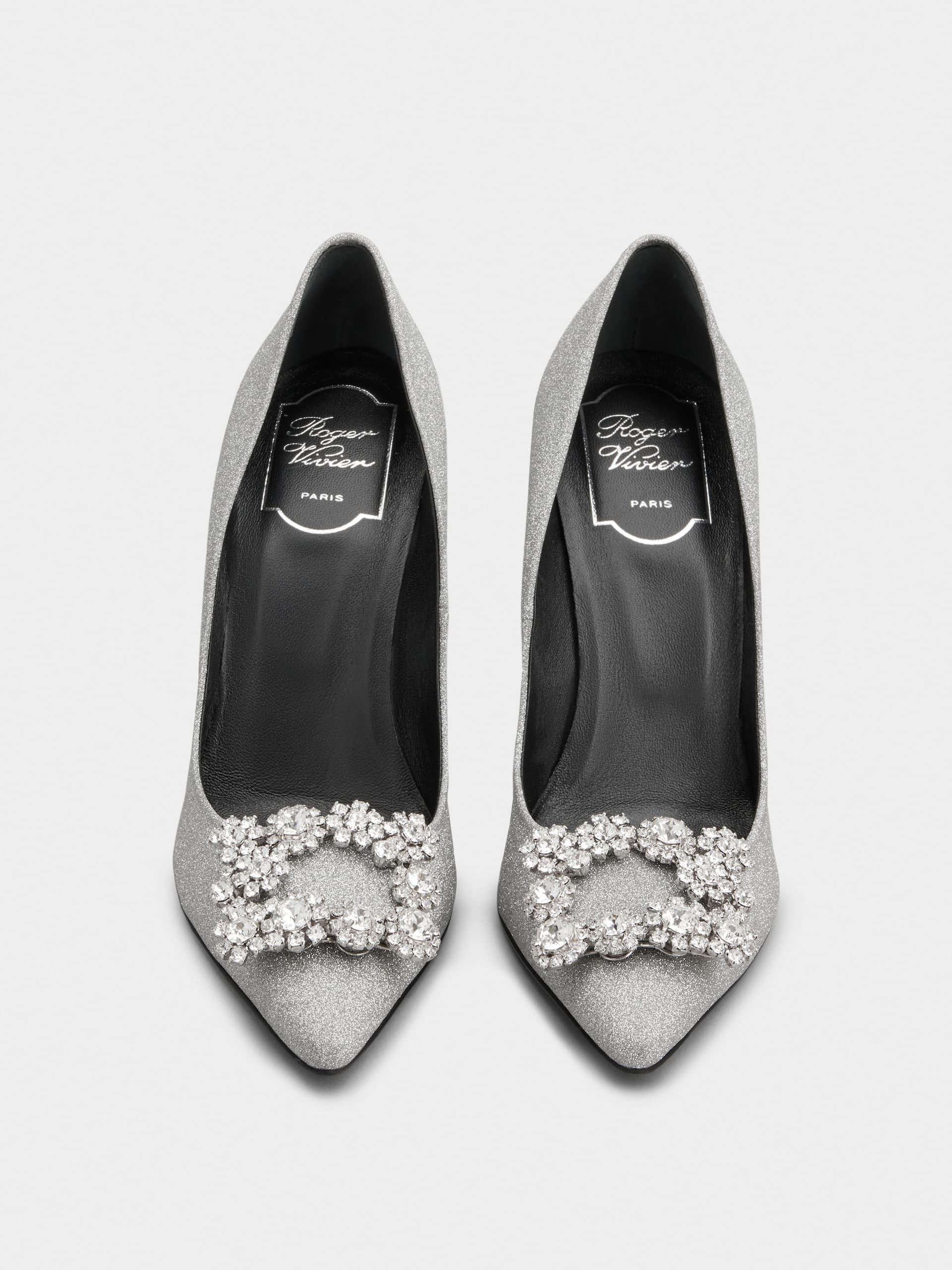 Roger Vivier 100 Crystal Flower Buckle Pumps In Glitter Fabric In Silver