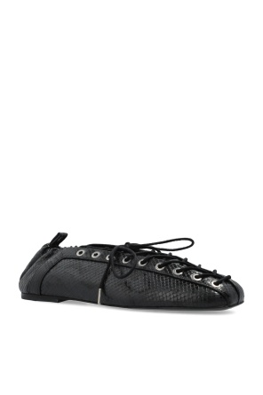 Ganni Eyelets Lace Up Ballerina Crinkle Oleatex In Black