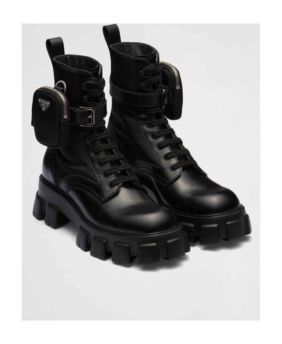 Prada Monolith Brushed Leather And Nylon Boots In Black