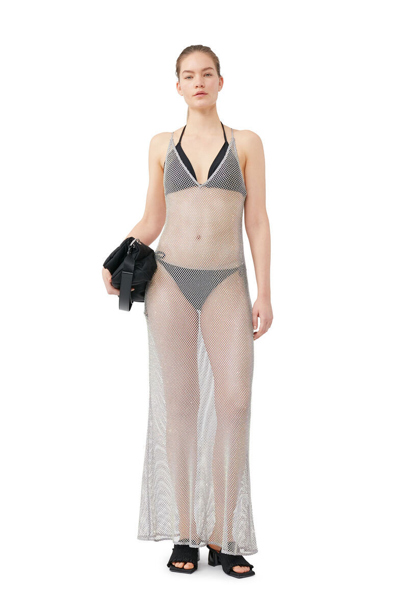 Ganni Crystal-embellished Mesh Dress In Gray