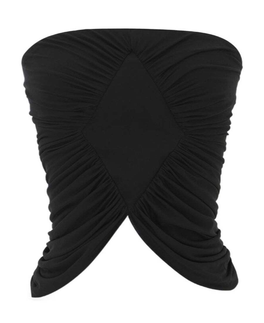 Saint Laurent Cupro Strapless Top With Ruched Asymmetric Hem In Black