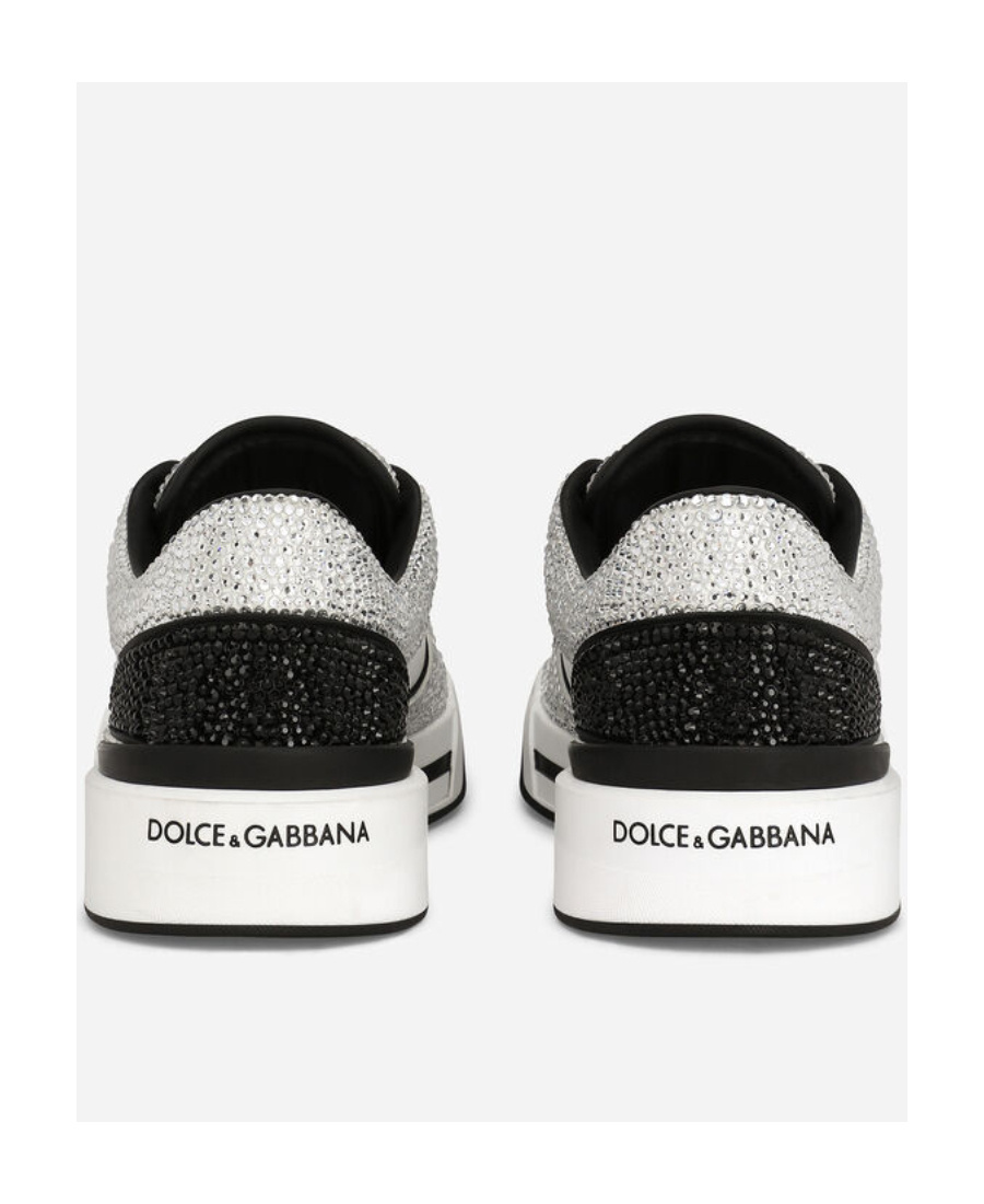 Dolce & Gabbana New Roma Calfskin Leather Sneakers With Thermoset Crystals In White