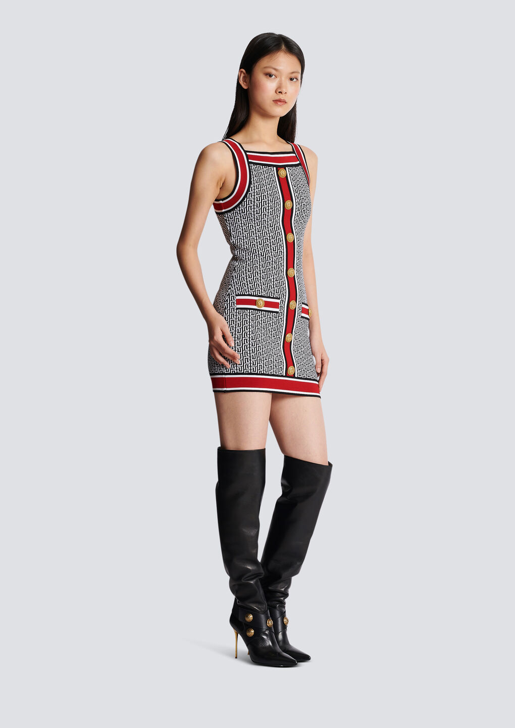 Shop Balmain Short Monogrammed Knit Dress In Black