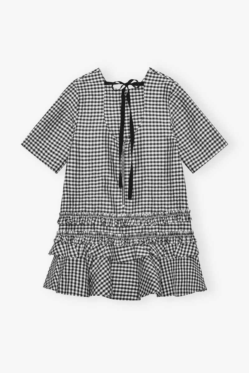 Ganni Black & White Crinkled Check Mini Dress