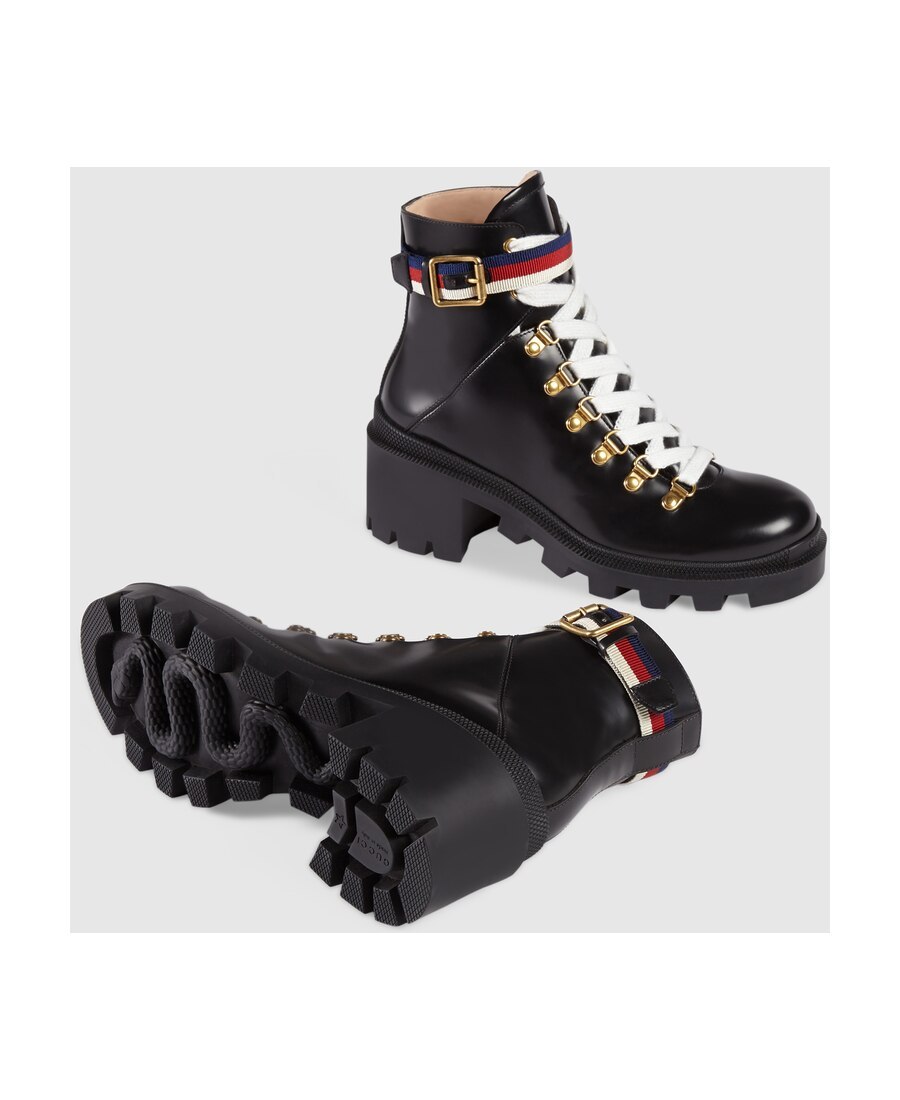Gucci Grosgrain-trimmed Leather Ankle Boots In Black