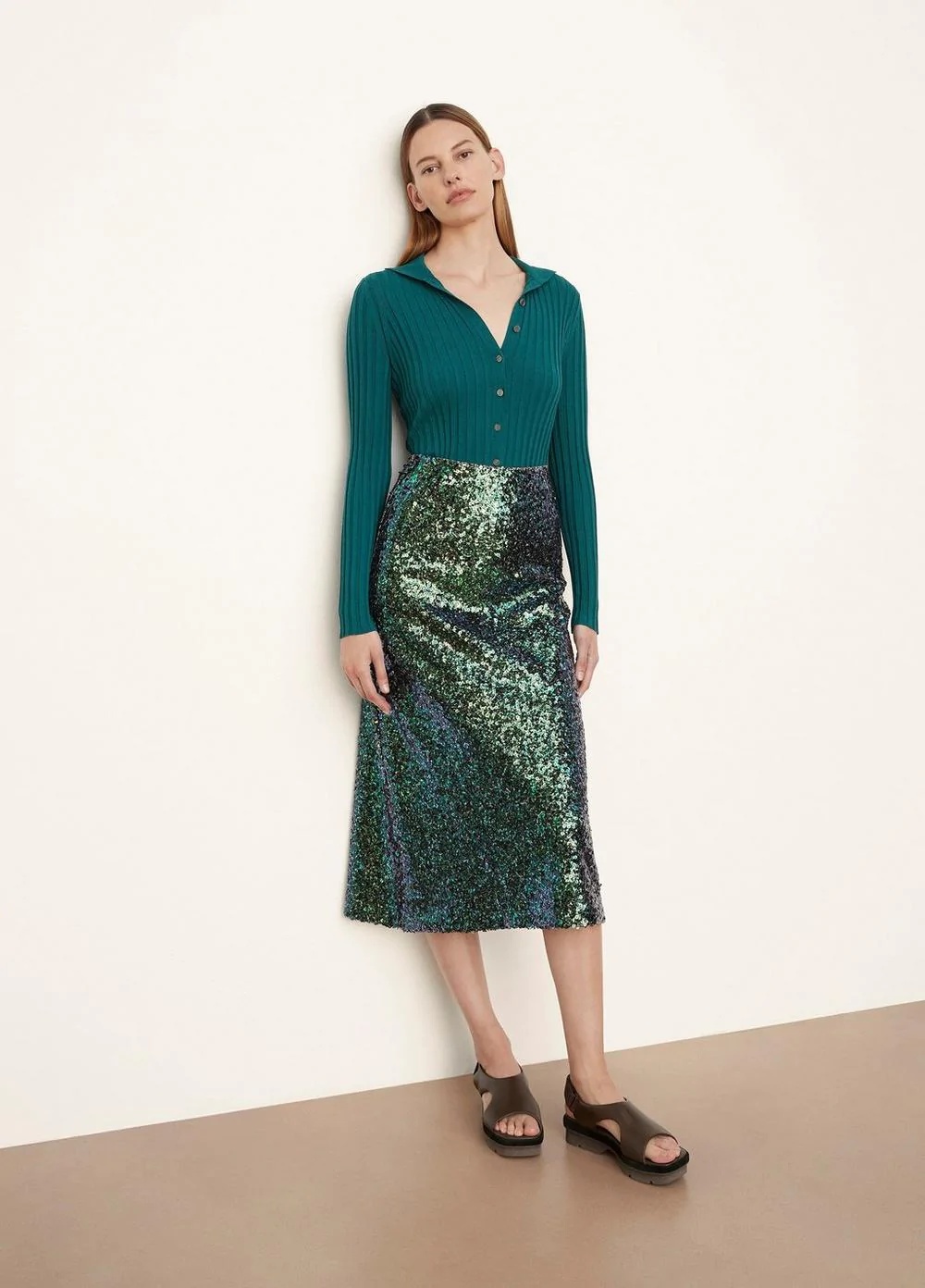 VINCE SEQUIN A-LINE MIDI SKIRT