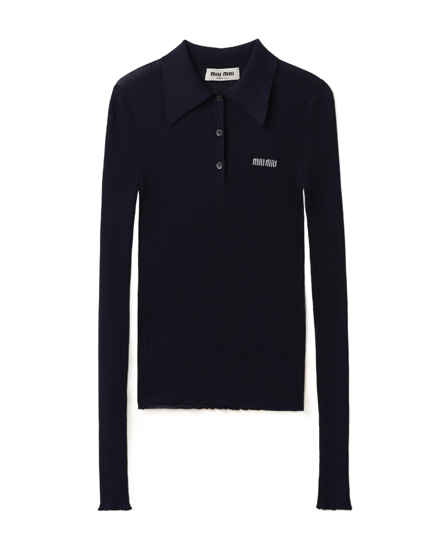Miu Miu Logo Ribbed-knit Cashmere And Silk Polo Shirt In Black
