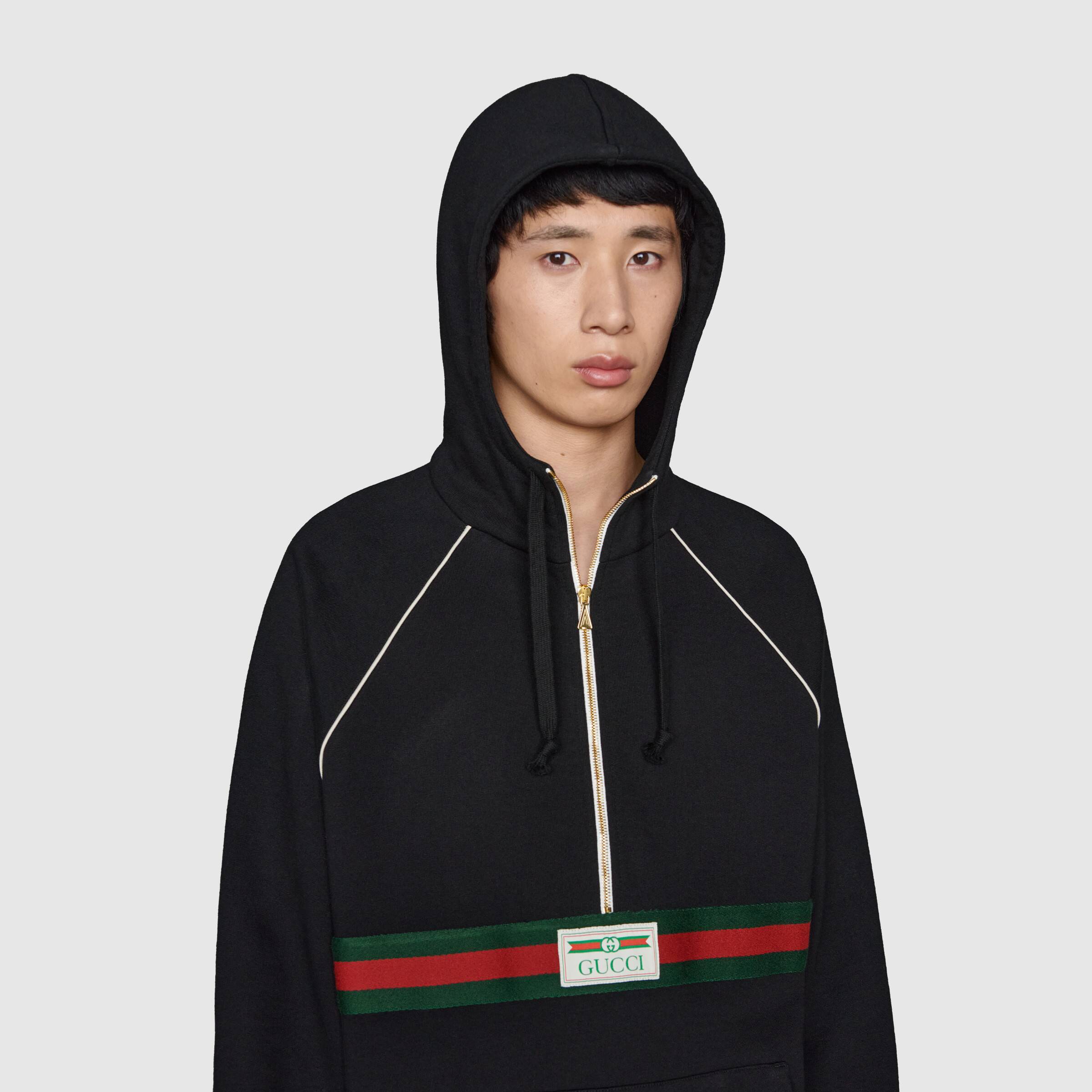 Gucci Logo Web Half-zip Cotton Jersey Hoodie In Black
