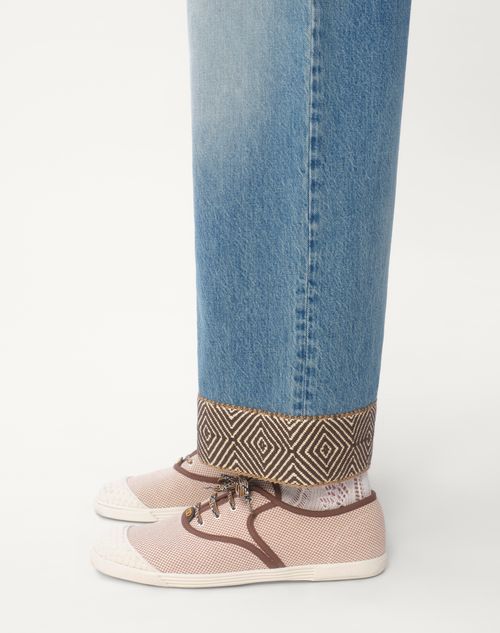 Valentino Cotton Denim Pants With Jacquard Bottoms In Blue