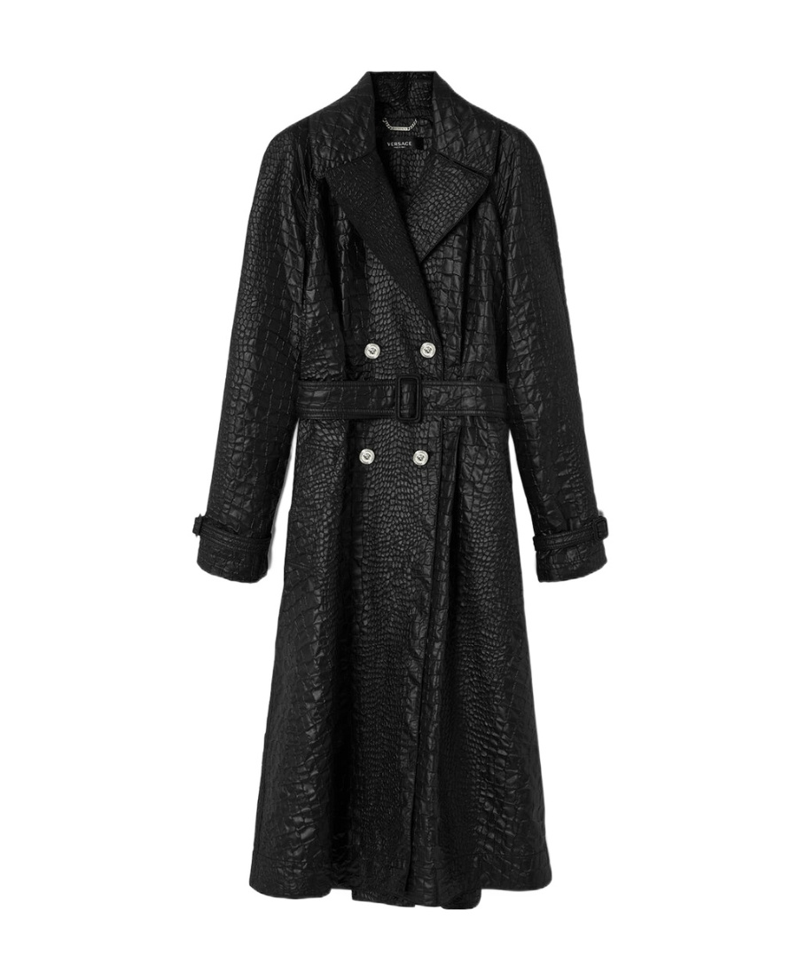 Versace Belted Techno Lacquered Crocodile-coquet Trench Coat In Black