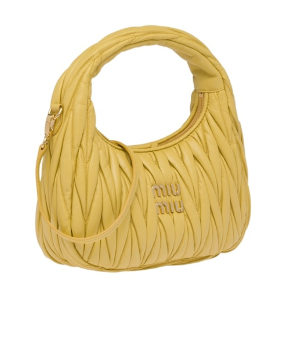 Miu Miu Wander Matelassé Logo Plaque Mini Hobo Bag In Yellow